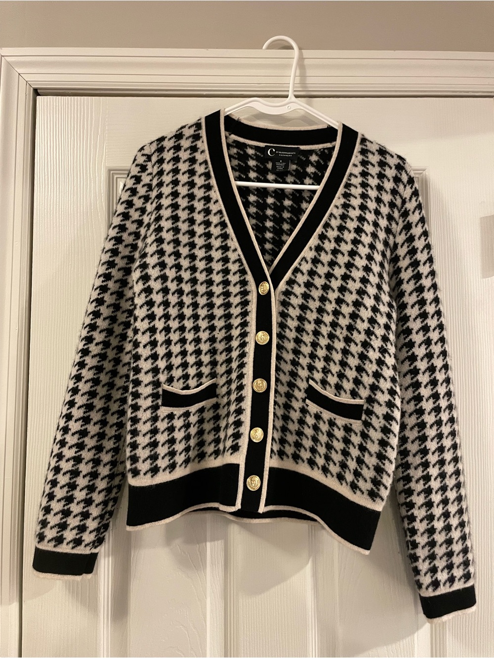 C by Bloomingdale’s Small 100% Cashmere V-Neck Hounds Cardigan Sweater w/ Gold